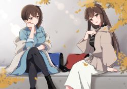 Rule 34 | 1girl, akagi (kancolle), alternate legwear, black shirt, blue dress, breast pocket, breasts, brown eyes, brown hair, casual, commentary request, dress, feet out of frame, grey background, grey jacket, hair between eyes, heart, jacket, kaga (kancolle), kantai collection, long hair, long sleeves, looking at viewer, medium breasts, natsume (natsume melio), official alternate costume, one-hour drawing challenge, pantyhose, pocket, shirt, short sidetail, side ponytail, sitting, skirt, smile, solo, straight hair, striped clothes, striped shirt, twitter username, white jacket, white skirt
