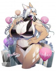 Rule 34 | 1girl, aircraft, animal ears, animal nose, bikini, black bikini, black scarf, body fur, breasts, building, cleavage, commission, deer ears, deer girl, furry, furry female, giant, giantess, hand on own hip, hand on own chest, highres, hot air balloon, huge breasts, ko-on (ningen zoo), long hair, looking at viewer, muscular, muscular female, navel, open mouth, original, scarf, skeb commission, smile, snout, solo, swimsuit, very long hair, white fur, white hair
