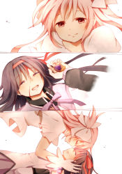 Rule 34 | 10s, 2girls, akemi homura, bad id, bad pixiv id, black hair, blood, blood on face, bow, closed eyes, crack, dress, dying, forehead-to-forehead, gloves, glowing, hair bow, hair ribbon, happy tears, heads together, highres, kaname madoka, lying, magical girl, mahou shoujo madoka magica, mahou shoujo madoka magica (anime), multiple girls, on back, open mouth, pink eyes, pink hair, revision, ribbon, smile, soul gem, spoilers, tears, two side up, ultimate madoka, white dress, white gloves, yuragiyura, yuri