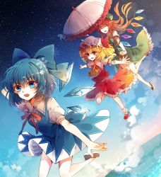 Rule 34 | 3girls, :d, ^ ^, arm behind head, ascot, bad id, bad pixiv id, baocaizi, beret, black footwear, blonde hair, blue bow, blue dress, blue eyes, blue hair, blue sky, bow, bowtie, cirno, closed eyes, crystal, day, dress, flandre scarlet, flying, frilled shirt collar, frilled skirt, frills, green hat, green skirt, green vest, hair between eyes, hair bow, hat, hat bow, highres, hong meiling, ice, ice wings, long hair, looking at viewer, mary janes, multiple girls, night, ocean, open mouth, orange hair, outstretched arms, parasol, puffy short sleeves, puffy sleeves, red bow, red bowtie, red eyes, red footwear, red skirt, red vest, running, shirt, shoes, short sleeves, side ponytail, side slit, skirt, sky, smile, snowflakes, spread arms, star (sky), starry sky, touhou, umbrella, vest, white hat, white headwear, white shirt, wing collar, wings, yellow bow, yellow bowtie