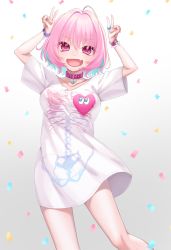 Rule 34 | 1girl, absurdres, ahoge, aqua hair, ashitaba tomato, bangle, belt collar, bob cut, bracelet, breasts, choker, collar, collarbone, colored inner hair, confetti, double v, fang, gradient background, hair intakes, heart-shaped lock, heart collar, highres, idolmaster, idolmaster cinderella girls, idolmaster cinderella girls starlight stage, jewelry, large breasts, legs, looking at viewer, multicolored hair, no pants, open mouth, pink choker, pink eyes, pink hair, ring, shirt, short sleeves, skeleton print, skin fang, smile, solo, stuffed toy, t-shirt, two-tone hair, v, v-shaped eyebrows, white background, white shirt, yumemi riamu