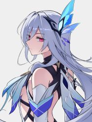 Rule 34 | 1girl, :|, artist name, back, bare shoulders, breasts, butterfly hair ornament, closed mouth, detached sleeves, expressionless, genshin impact, grey hair, hair between eyes, hair ornament, highres, long hair, looking at viewer, medium breasts, pink eyes, shockwhite3, simple background, skirk (genshin impact), solo, upper body, very long hair, white background