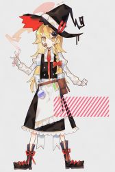 Rule 34 | 1girl, :/, absurdres, apron, bag, bandaid, bandaid on cheek, bandaid on face, black footwear, black hat, black skirt, black vest, blonde hair, boots, bow, braid, buttons, cat hair ornament, closed mouth, collared shirt, flask, frilled skirt, frills, fume, gloves, grey background, hair between eyes, hair bow, hair ornament, hat, hatsushiro mamimu, high collar, highres, juliet sleeves, kirisame marisa, long hair, long sleeves, looking at viewer, neck ribbon, puffy sleeves, red bow, red ribbon, ribbon, satchel, shirt, simple background, single braid, skirt, skirt set, sleeve cuffs, solo, standing, touhou, vest, vial, waist apron, waist bow, white apron, white bow, white gloves, white shirt, witch hat, yellow eyes