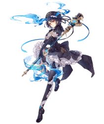 Rule 34 | 1girl, alice (sinoalice), asymmetrical legwear, black hair, boots, elbow gloves, frilled skirt, frills, full body, gloves, hat, jino, official art, puffy sleeves, red eyes, ribbon, serious, short hair, sinoalice, skirt, solo, staff, tattoo, transparent background, uneven legwear