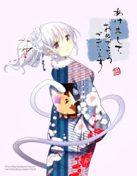 Rule 34 | 10s, 1girl, 2013, bad id, bad pixiv id, blush, chinese zodiac, flower, hair flower, hair ornament, japanese clothes, kimono, looking at viewer, looking back, new year, obi, original, red eyes, sash, short hair, silver hair, smile, snake, snake (chinese zodiac), solo, ume (plumblossom)