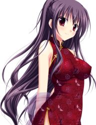 Rule 34 | 00s, 1girl, atelier kaguya, bare legs, bare shoulders, braid, breasts, china dress, chinese clothes, choco chip, closed mouth, covered erect nipples, dress, dutch angle, eyelashes, feet out of frame, female focus, floral print, game cg, hair between eyes, large breasts, lips, long hair, looking at viewer, pelvic curtain, prima stella, purple hair, red eyes, shade, simple background, sleeveless, smile, solo, standing, stomach, tachi-e, takasu miyabi, thighs, transparent background, upper body, very long hair