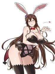 Rule 34 | 10s, 1girl, andoryu, animal ears, artist request, bare shoulders, breasts, brown hair, cleavage, fake animal ears, flower, granblue fantasy, hair between eyes, hair flower, hair ornament, heart, large breasts, leotard, long hair, one eye closed, playboy bunny, purple eyes, rabbit ears, rose, rosetta (all her jazz) (granblue fantasy), rosetta (granblue fantasy), simple background, solo, thighhighs, very long hair, white background