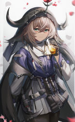 Rule 34 | 1girl, alcohol, animal ears, arknights, axe, beer, belt, black pantyhose, blue shirt, blush, brown hair, closed mouth, cow ears, cow horns, cowboy shot, cup, gradient background, green eyes, grey background, grey skirt, hair between eyes, highres, holding, holding cup, horns, long hair, long sleeves, pallas (arknights), pantyhose, penguin4, petals, pleated skirt, red footwear, shirt, skirt, smile, solo, veil