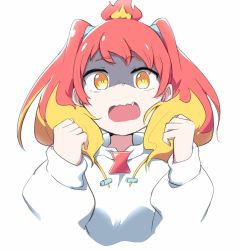 Rule 34 | 1girl, aimusu, blonde hair, colored tips, cropped torso, drawstring, fang, fire, fire, hair behind ear, highres, hikasa tomoshika, holding, holding hair, hood, hoodie, looking at viewer, multicolored hair, open mouth, red hair, solo, twintails, upper body, virtual youtuber, voms, white background, white hoodie, yellow eyes