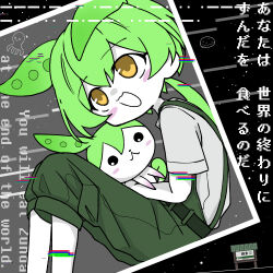 Rule 34 | 1girl, :3, adapted costume, alien, anata wa sekai no owari ni zunda wo taberu no da (voicevox), belt, blush stickers, chibi, chibi inset, commentary request, creature, creature and personification, english text, feet out of frame, glitch, green belt, green hair, green overalls, grey shirt, highres, holding, holding creature, limited palette, long hair, looking up, low ponytail, morse code, open mouth, san san nana byoushi, shirt, short sleeves, sky, smile, solo, song name, star (sky), starry sky, translation request, voiceroid, voicevox, yellow eyes, zundamon