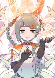 Rule 34 | 1girl, black gloves, blunt bangs, cevio, chis-a, earrings, fingerless gloves, gloves, gold nails, grey hair, highres, jewelry, looking at viewer, machigami yoh, multicolored hair, orange hair, smile, solo, two-tone hair, upper body, voisona, yellow eyes