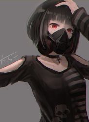 Rule 34 | 1girl, absurdres, black hair, choker, chromatic aberration, commentary request, cross, cross choker, gas mask, grey background, hand on own head, highres, looking at viewer, mask, original, painting (medium), red eyes, short hair, skull print, solo, tararelux, traditional media, watercolor (medium)