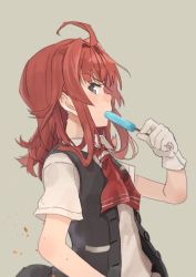 Rule 34 | 10s, 1girl, ahoge, arashi (kancolle), blouse, buttons, food, from side, gloves, grey eyes, kantai collection, long hair, looking to the side, messy hair, neckerchief, popsicle, red hair, school uniform, shirt, short sleeves, simple background, solo, upper body, vest, wataro (watawatawatapon), white gloves