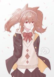 Rule 34 | 1girl, alternate costume, angelina (arknights), animal ears, arknights, arm behind back, black jacket, black skirt, blazer, bow, bowtie, brown hair, collared shirt, cowboy shot, envelope, fox ears, twirling hair, hairband, highres, jacket, letter, long hair, long sleeves, looking away, looking to the side, love letter, maolai (miyuan667), open clothes, open jacket, parted lips, petals, red bow, red bowtie, red eyes, red hairband, school uniform, shirt, sidelocks, simple background, skirt, solo, sweater vest, twintails, two-tone hairband, white background, white shirt