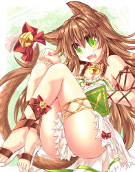 Rule 34 | 1girl, :d, absurdres, animal ears, bell, book, bow, brown hair, cat ears, cat tail, enokorogusa (flower knight girl), fang, flower knight girl, green background, green eyes, hair ornament, highres, jingle bell, long hair, looking at viewer, mumumu, open mouth, paw pose, red bow, sandals, skirt, smile, solo, tail, tail bow, tail ornament, white skirt, x hair ornament