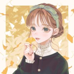 Rule 34 | 1girl, autumn, brown eyes, brown hair, cardigan, earrings, enahamaru, eyelashes, ginkgo leaf, green cardigan, green hairband, hair bun, hairband, high collar, highres, holding, holding leaf, jewelry, leaf, light smile, long sleeves, looking at viewer, original, parted lips, shirt, solo, upper body, white shirt