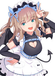 Rule 34 | 1girl, apron, black dress, blush, breasts, brown hair, cleavage, cleavage cutout, clothing cutout, demon girl, demon horns, demon wings, dress, green eyes, gridman universe, gridman universe (film), hand on own hip, highres, horns, long hair, looking at viewer, maid, maid apron, maid headdress, medium breasts, minami yume, official alternate costume, open mouth, rickey, skirt, smile, solo, v, wings