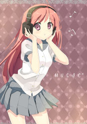 Rule 34 | 1girl, bad id, bad pixiv id, beamed quavers, blush, brown background, grey skirt, hairband, hands up, headphones, leaning forward, long hair, looking at viewer, musical note, pleated skirt, purple eyes, quaver, short sleeves, simple background, skirt, solo, standing, tareme, very long hair, xinta