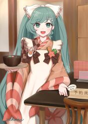 1girl apron aqua_eyes aqua_hair bell_pepper bow bowl brown_bow brown_kimono carrot_slice chair checkered_clothes checkered_kimono commentary food fork_hair_ornament green_pepper hair_bow hardboiled_egg hatsune_miku highres holding holding_tray indoors japanese_clothes kappougi kimono long_hair looking_at_viewer lotus_root lotus_root_slice multicolored_clothes multicolored_kimono nekoinu_bamboo open_mouth orange_kimono pepper signature smile snowflakes solo spoon_hair_ornament squash standing star-shaped_food star_(symbol) steam striped_clothes striped_kimono table teeth translated tray twintails upper_teeth_only very_long_hair vocaloid white_apron white_bow wide_sleeves wooden_chair wooden_table wooden_tray yuki_miku yuki_miku_(2024)