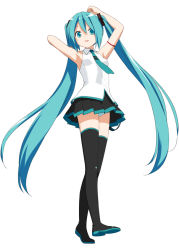 Rule 34 | 1girl, aqua eyes, aqua hair, aqua necktie, arm behind head, armpits, arms up, bare shoulders, belt, black skirt, black thighhighs, boots, commentary, from below, full body, hair ornament, hatsune miku, kani biimu, lat model (mikumikudance), long hair, looking at viewer, miniskirt, necktie, open mouth, panties, pantyshot, pleated skirt, shirt, shoulder tattoo, skirt, sleeveless, sleeveless shirt, smile, solo, striped clothes, striped panties, tattoo, thigh boots, thighhighs, twintails, underwear, very long hair, vocaloid, white background, white shirt