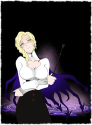 Rule 34 | blonde hair, breasts, cape, cleavage, crossed arms, drill hair, earrings, glasses, glynda goodwitch, green eyes, jewelry, large breasts, magic circle, riding crop, rwby, sabachiyo land, solo