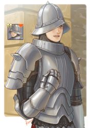 Rule 34 | 1boy, arm up, armor, brick wall, brown eyes, chainmail, couter, fire emblem, fire emblem: three houses, fire emblem heroes, gatekeeper (fire emblem), heart, helmet, looking to the side, male focus, nintendo, one eye covered, open mouth, outdoors, regan (hatsumi), shoulder armor, smile, upper body