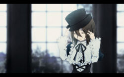 Rule 34 | 1girl, black corset, black hat, black ribbon, blurry, blurry background, brown hair, closed eyes, commentary request, corset, delthalensis, frilled shirt collar, frilled sleeves, frills, hair between eyes, hat, letterboxed, lolita fashion, long bangs, long sleeves, neck ribbon, open mouth, ribbon, rozen maiden, shirt, short hair, solo, souseiseki, top hat, upper body, white shirt, window