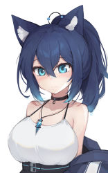 Rule 34 | 1girl, animal ear fluff, animal ears, bare shoulders, blue eyes, blue hair, breasts, character request, choker, collarbone, copyright request, hair between eyes, highres, jewelry, large breasts, light blush, long hair, necklace, ponytail, purerin, simple background, solo, upper body, white background