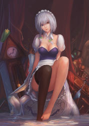 Rule 34 | 1girl, absurdres, barefoot, black thighhighs, blue eyes, bow, braid, breasts, cleavage, clock, collarbone, covered erect nipples, dagger, detached collar, female focus, hair bow, hat, head tilt, heterochromia, highres, izayoi sakuya, jiam009, knife, large breasts, legs, lips, looking at viewer, maid headdress, no bra, no pants, open mouth, panties, partially submerged, realistic, red eyes, silver hair, single thighhigh, sitting, soaking feet, solo, striped clothes, striped panties, submerged, thighhighs, touhou, twin braids, underwear, water, weapon