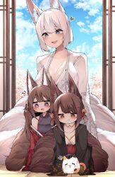 Rule 34 | + +, 1other, 3girls, age difference, akagi-chan (azur lane), amagi-chan (azur lane), animal ear fluff, animal ears, azur lane, bell, black kimono, blue eyes, blue sky, blunt bangs, blush, breasts, brown hair, brown tail, cherry blossoms, cleavage, cloud, cloudy sky, collar, commentary, dated commentary, detached collar, floor, flower, fox ears, fox girl, hair flower, hair ornament, highres, japanese clothes, kaga (azur lane), kimono, kitsune, kyuubi, large breasts, long hair, meowfficer (azur lane), multiple girls, multiple tails, on floor, open mouth, print kimono, purple shirt, red eyes, red kimono, red skirt, samip, shirt, short hair, sitting, skirt, sky, smile, tail, teeth, tree, upper teeth only, white collar, white hair, white kimono