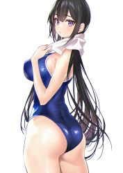 Rule 34 | 1girl, 504 gateway, ass, black hair, breasts, competition swimsuit, highres, large breasts, looking at viewer, looking back, one-piece swimsuit, original, purple eyes, simple background, skindentation, solo, swimsuit, thick thighs, thighs, towel, towel around neck, turning head