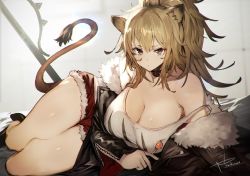 Rule 34 | 1girl, animal ears, arknights, artist name, bare legs, black coat, black nails, blonde hair, breasts, candy, choker, cleavage, closed mouth, coat, curvy, deep skin, expressionless, food, full body, fur-trimmed coat, fur-trimmed shorts, fur collar, fur trim, hair between eyes, hammer, large breasts, lion ears, lion tail, lollipop, long hair, looking at viewer, lying, nail polish, off shoulder, on side, ponytail, red shorts, short shorts, shorts, siege (arknights), signature, solo, strap slip, tail, tank top, thighs, toridamono, war hammer, weapon, white tank top, yellow eyes, zipper
