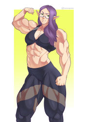 Rule 34 | 1girl, abs, biceps, crop top, elf, extreme muscles, eyeglass, green eyes, highres, looking at viewer, muscular, muscular female, pants, pointy ears, purple hair, smile, sportswear, thick thighs, thighs, tight clothes, tight pants