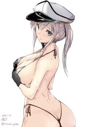 Rule 34 | 10s, 1girl, ass, back, bikini, black bikini, blonde hair, blue eyes, blush, breasts, butt crack, covering privates, covering breasts, from behind, gin&#039;ichi (akacia), gloves, graf zeppelin (kancolle), hair between eyes, hat, kantai collection, large breasts, long hair, looking at viewer, looking back, micro bikini, peaked cap, sidelocks, solo, sweat, swimsuit, thong, thong bikini, twintails
