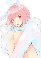 Rule 34 | 1girl, :p, animal ears, bad id, bad pixiv id, blush, bob cut, closed mouth, hand up, hood, hoodie, legs together, looking at viewer, original, pink hair, rabbit ears, red eyes, short hair, simple background, sitting, solo, teti, tongue, tongue out, white background