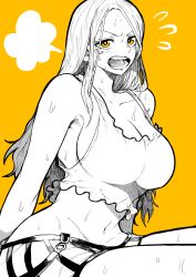 Rule 34 | 1girl, absurdres, armpits, breasts, eyelid piercing, greyscale, greyscale with colored background, groin, highres, jewelry bonney, large breasts, lipstick, long hair, makeup, monochrome, navel, one piece, open mouth, piercing, sideboob, simple background, solo, teeth, yellow background, yellow eyes, yotsumi shiro