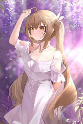 Rule 34 | 1girl, ahoge, alternate costume, arm cutout, arm up, brown eyes, brown hair, dress, feather hair ornament, feathers, flower, hair ornament, hairclip, hololive, hololive english, jewelry, long hair, mujinbensin, multicolored hair, nail polish, nanashi mumei, necklace, off-shoulder dress, off shoulder, parted lips, pink nails, puffy short sleeves, puffy sleeves, purple dress, purple flower, runes, short sleeves, streaked hair, twintails, very long hair, virtual youtuber, willow