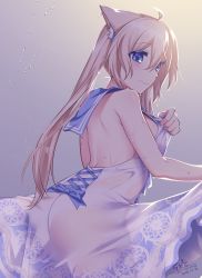 Rule 34 | 1girl, ahoge, animal ear fluff, animal ears, backless dress, backless outfit, bare back, bare shoulders, blonde hair, blue eyes, blue sailor collar, blush, breasts, closed mouth, dress, ears down, fox ears, from behind, grey background, konshin, long dress, long hair, looking at viewer, looking back, medium breasts, original, phantasy star, phantasy star online 2, sailor collar, sailor dress, sideboob, smile, solo, sweat, sweatdrop, twintails, wet, wet clothes, white dress