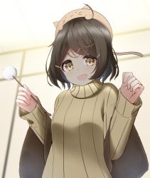 Rule 34 | 1girl, :d, animal hat, black hair, blush, braid, breasts, brown eyes, brown hat, brown sweater, cabbie hat, cat hat, commentary request, ear cleaning, hair ornament, hairclip, hat, highres, holding, long sleeves, looking at viewer, mimikaki, nekobaka, open mouth, original, ribbed sweater, sleeves past wrists, small breasts, smile, solo, sweater, turtleneck, turtleneck sweater, upper body