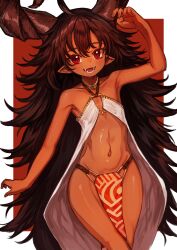 Rule 34 | 1girl, ahoge, arm up, black hair, blush, cowboy shot, dark-skinned female, dark skin, dress, fangs, flat chest, fuji tarawi, highres, horns, jewelry, large horns, long hair, looking at viewer, navel, necklace, open mouth, original, pelvic curtain, red eyes, revealing clothes, slit pupils, solo, teeth, two-tone background, very long hair, white dress