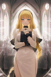 Rule 34 | 1girl, absurdres, backlighting, blonde hair, blue eyes, blush, book, hugging book, braid, cathedral, church, commentary request, cross, crucifix, dress, habit, highres, holding, holding book, hugging object, indoors, knight, korean commentary, long hair, looking at viewer, meoyo, nun, original, robe, single braid, standing, veil, very long hair, white dress