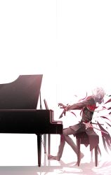 Rule 34 | 1boy, antonio salieri (fate), antonio salieri (second ascension) (fate), breaking, cross, fate/grand order, fate (series), formal, grey hair, half updo, hidden eyes, highres, instrument, music, piano, piano bench, playing instrument, profile, scarf, solo, suit, white background, yumao (yashi-ro)