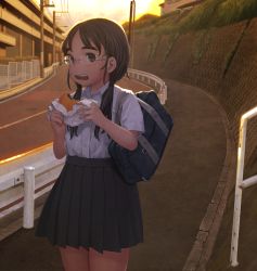 Rule 34 | 1girl, bad id, bad pixiv id, bag, burger, eating, eyebrows, food, food on face, glasses, highres, looking at viewer, minamohajime, original, pleated skirt, scenery, school bag, school uniform, shirt, skirt, solo, sunset, thick eyebrows, twintails