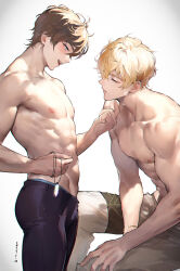 Rule 34 | 2boys, abs, black pants, blonde hair, brown hair, closed eyes, eiden (nu carnival), holding, holding jewelry, holding necklace, jewelry, large pectorals, looking at another, male focus, multiple boys, muscular, muscular male, navel, necklace, nipples, nu carnival, owner bird, pants, pectorals, quincy (nu carnival), short hair, smile, topless male, white pants, yaoi