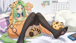Rule 34 | 1girl, animal hands, animal hood, black thighhighs, blush, breasts, commentary request, glasses, gloves, green eyes, green hair, green sweater, hair ornament, hairclip, headphones, headphones around neck, highres, hood, indoors, knees together feet apart, large breasts, long hair, looking at viewer, lying, miso (b7669726), nintendo switch, no shoes, off-shoulder shirt, off shoulder, on back, on bed, open mouth, original, paw gloves, paw print soles, pillow, shirt, smile, solo, stuffed animal, stuffed carrot, stuffed tiger, stuffed toy, sweater, tail, tail censor, thighhighs, tiger hood, tiger tail, twitch.tv, x hair ornament