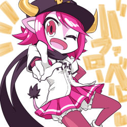 Rule 34 | 1girl, ;d, bad id, bad pixiv id, black hat, bloomers, buffalo bell, clothes writing, gloves, hat, horns, looking at viewer, mascot, miniskirt, mizumi (artist), nippon professional baseball, one eye closed, open mouth, orix buffaloes, pink skirt, pleated skirt, pointing, pointing at viewer, shirt, skirt, smile, solo, underwear, white gloves, white shirt, wink