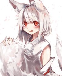Rule 34 | 1girl, absurdres, animal ear fluff, animal ears, blush, cherry blossoms, detached sleeves, fang, highres, holding own tail, inubashiri momiji, looking at viewer, medium hair, open mouth, pom pom (clothes), red eyes, shirt, silver hair, sleeveless, sleeveless shirt, solo, tail, touhou, tsuyukusa (tuyukusa aaa), upper body, white shirt, wolf ears, wolf tail