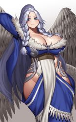 Rule 34 | 1girl, angel wings, arm up, blue dress, blue eyes, braid, breasts, cinko, cleavage, closed mouth, commentary request, curvy, dress, feathered wings, fur trim, hand on own hip, high ponytail, highres, hip vent, large breasts, long hair, looking at viewer, original, parted bangs, pelvic curtain, revision, silver hair, twin braids, white background, white wings, wings