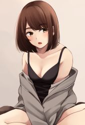 Rule 34 | 1girl, bare shoulders, between legs, black camisole, bob cut, breasts, brown background, brown eyes, brown hair, camisole, cleavage, collarbone, commentary request, grey jacket, hand between legs, highres, jacket, kapatarou, long sleeves, looking at viewer, off shoulder, open clothes, open jacket, open mouth, original, simple background, sitting, small breasts, solo