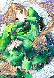 Rule 34 | 1girl, black bow, black ribbon, bow, brown hair, dress, drill hair, fetal position, from side, green dress, green eyes, heterochromia, juliet sleeves, lace, layered sleeves, light particles, long hair, long sleeves, looking at viewer, looking to the side, neck ribbon, painting (medium), parted lips, potato (popopopopo623), puffy sleeves, red eyes, ribbon, rozen maiden, smile, solo, suiseiseki, swept bangs, traditional media, twin drills, very long hair, watercolor (medium), wide sleeves